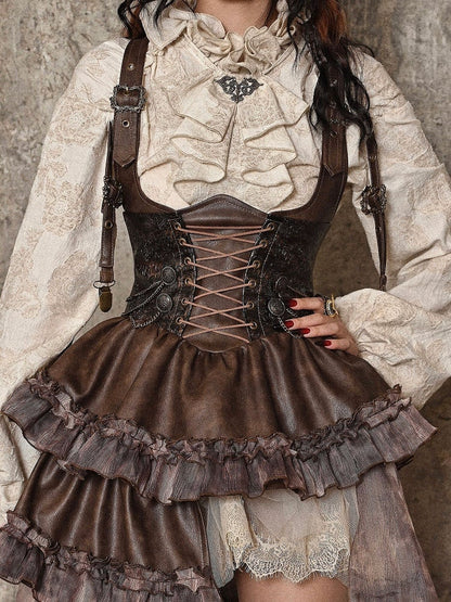 Clearance - Size M for Waist 71cm Brown Western Style Steampunk Asymmetrical PU Overall Dress with Detachable Train