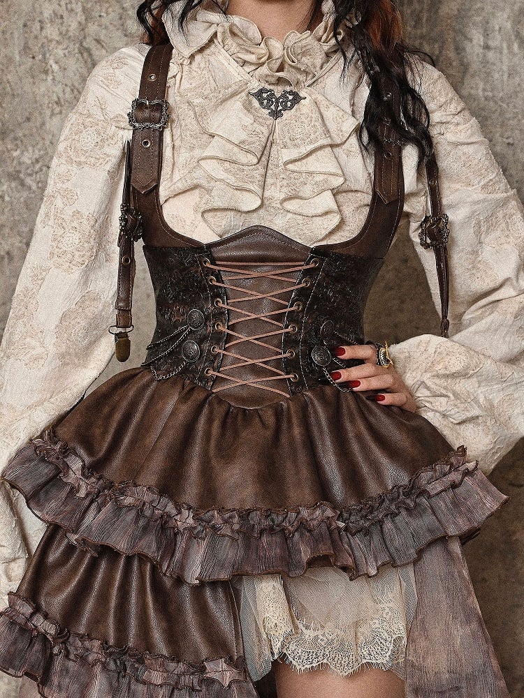 Brown Western Style Steampunk Asymmetrical PU Overall Dress with Detachable Train