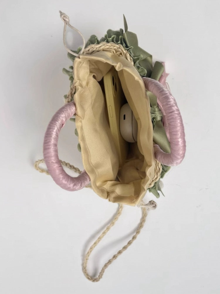 Pink and Green Floral Design Straw Woven Tote Bag