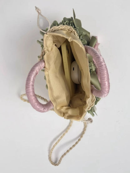 Pink and Green Floral Design Straw Woven Tote Bag