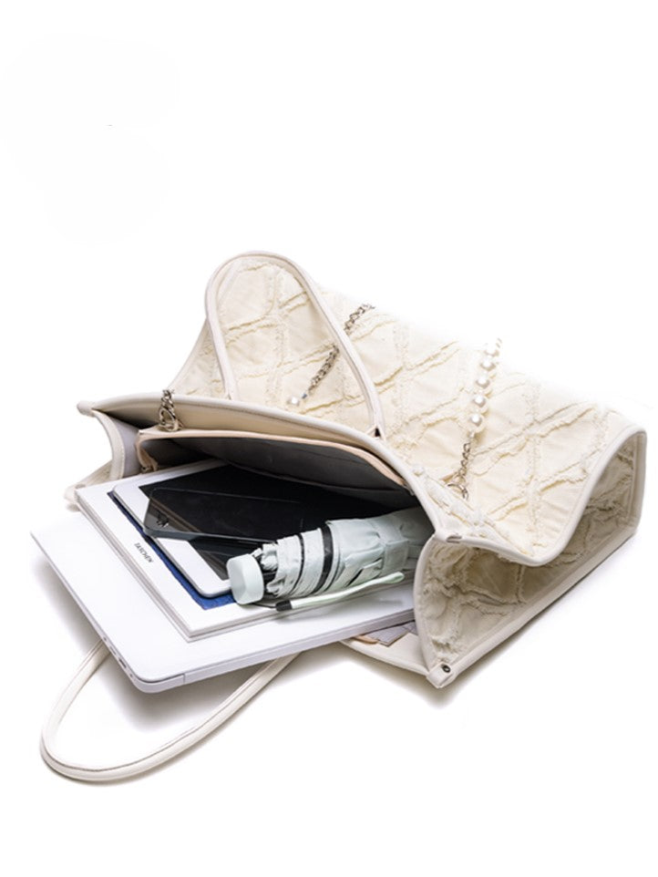 Elegant Blue Quilted Tote Bag With Beaded Chain Accent -Spacious Design