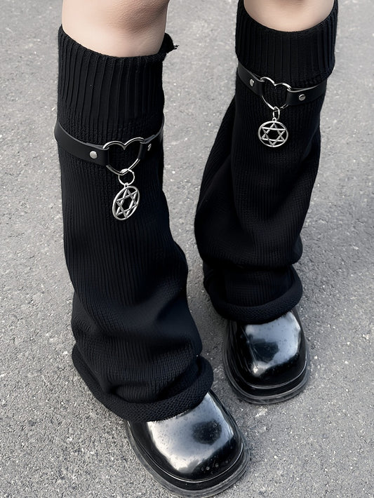 Y2K Black Pentagram Charm Strap Design Knit Leg Warmers