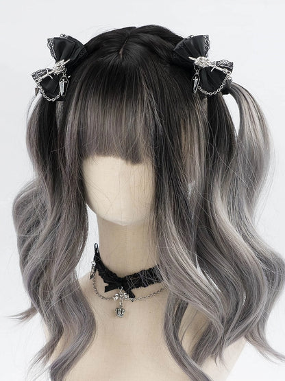 5 Colors Coffin Charm Gothic Cross Jirai Kei Bowknot Hairclips with Chain