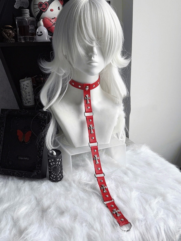 Punk Black/Red PU Cross and Stud Embellished Chain Choker