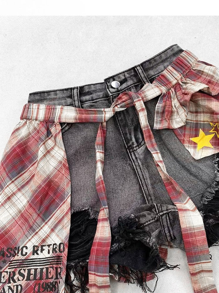 Y2K Bittersweet Black Distressed Holes Design Shorts + Leg Warmers + Red Plaid Accessory