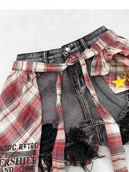 Y2K Bittersweet Black Distressed Holes Design Shorts + Leg Warmers + Red Plaid Accessory