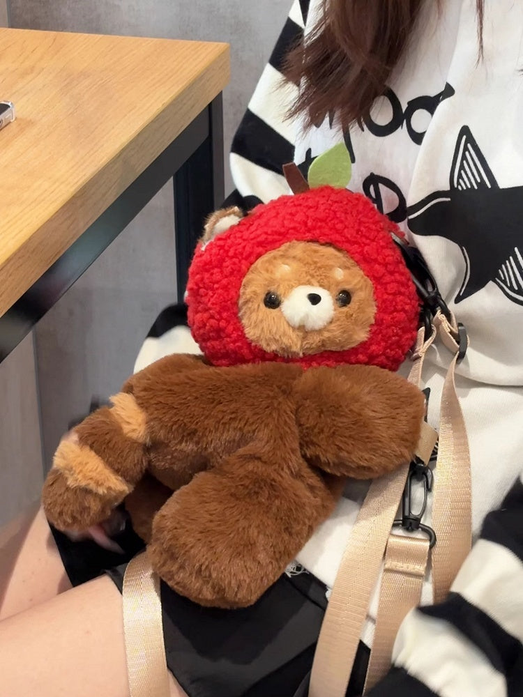 Brown Red Panda Plush Backpack/Crossbody Bag + Red Apple Hat+Keychain
