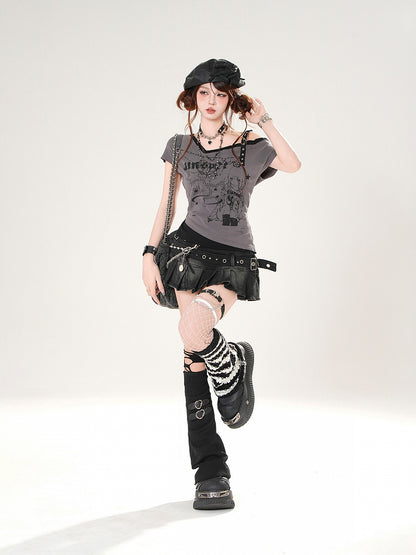 Anime Girl Print Gray/White Asymmetrical Neckline Slim-fitting T-shirt