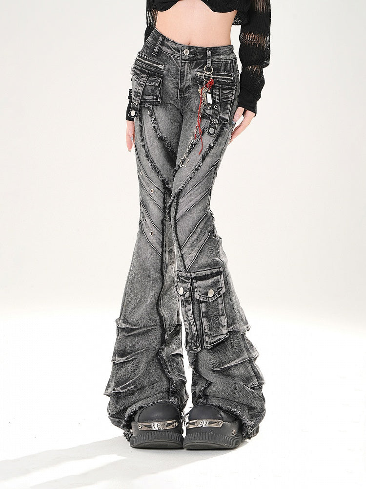 Black Faded Wash Cargo Pockets Raw Hem Distressed Flared Jeans