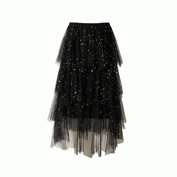 Black/White/Apricot Elastic Waist Sequin Details Tiered Mesh Skirt