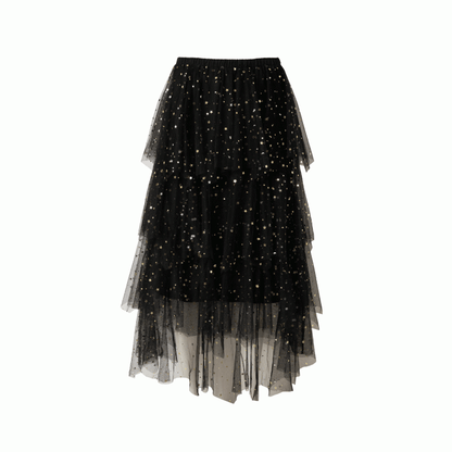 Black/White/Apricot Elastic Waist Sequin Details Tiered Mesh Skirt