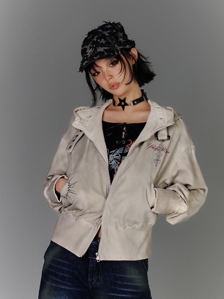 Wasteland Punk Apricot Buckle Strap Distressed Zip Closure Hoodie