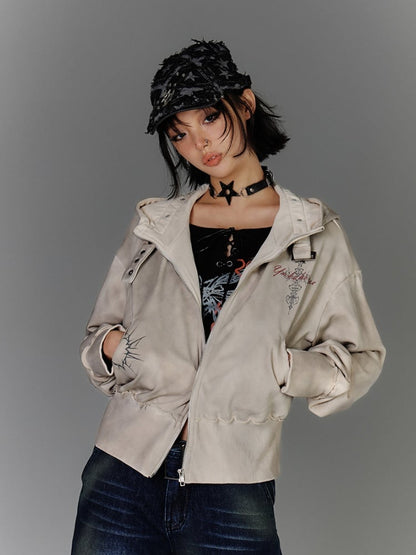 Wasteland Punk Apricot Buckle Strap Distressed Zip Closure Hoodie