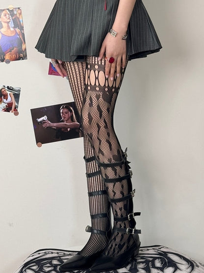 Black/White/Gray/Brown Asymmetrical Design Cut-out Details Tights