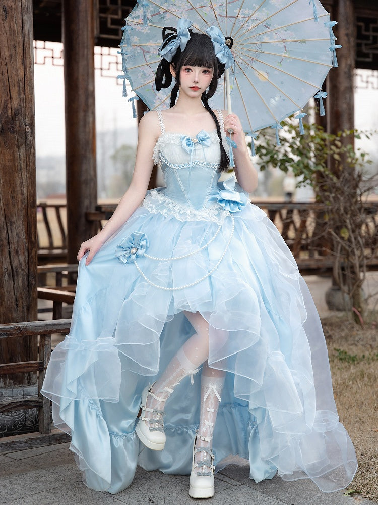 Plus Sizes Available Blue Princess Lolita Boned Waist Top + High-low Cascading Flounce Skirt
