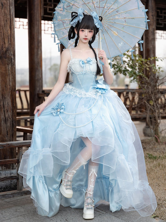 Plus Sizes Available Blue Princess Lolita Boned Waist Top + High-low Cascading Flounce Skirt