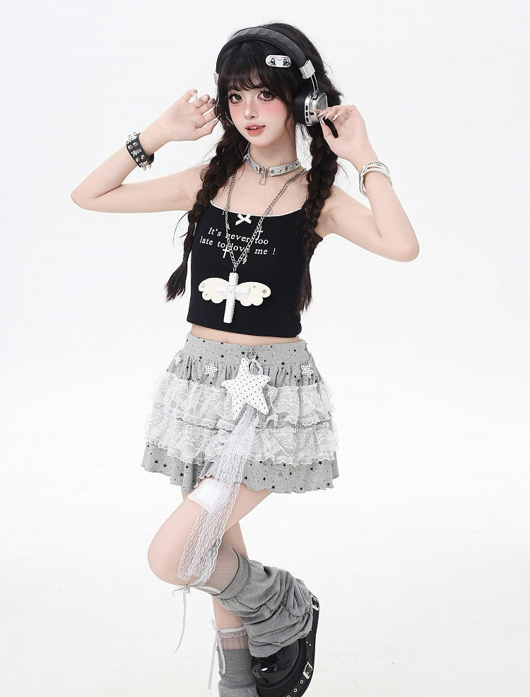 Light Gray/Black Elastic Waist Star Appliques Lace Trim Tiered Knit Skirt