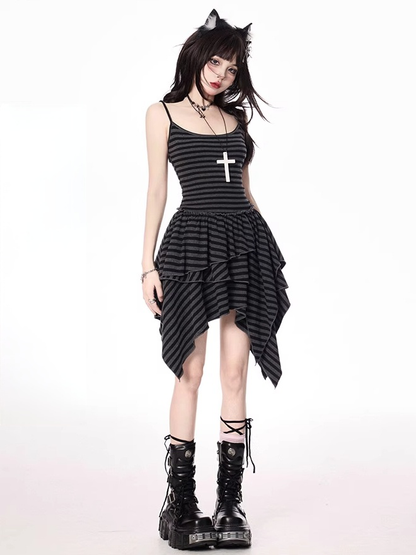 Black and Gray Stripes Handkerchief Hem Tiered Skirt Cami Dress