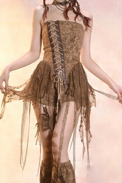 Y2K Retro Vintage Distressed Asymmetrical Denim Bustier Top – Summer Essential in Desert Dunes