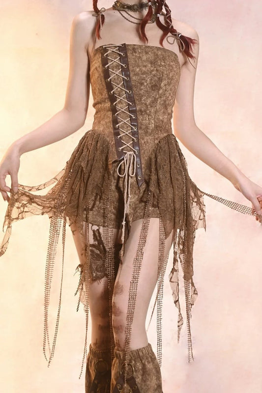 Y2K Retro Vintage Distressed Asymmetrical Denim Bustier Top – Summer Essential in Desert Dunes