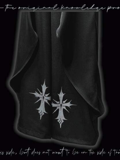Black Cross Print Asymmetrical Hem Wide-Leg Pants