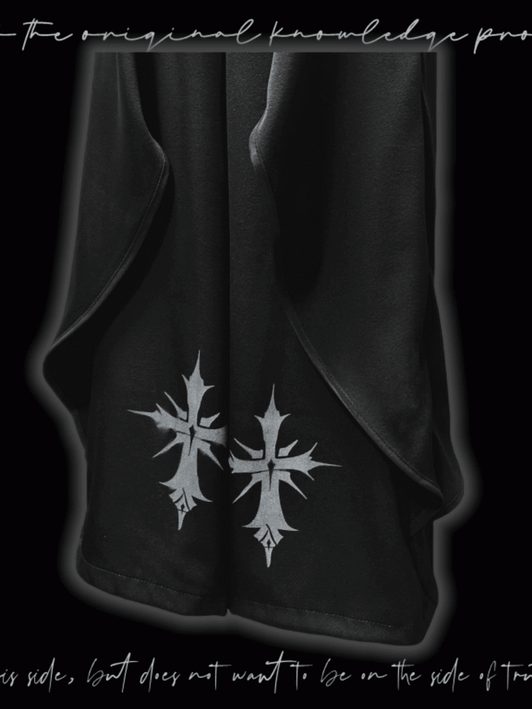 Black Cross Print Asymmetrical Hem Wide-Leg Pants