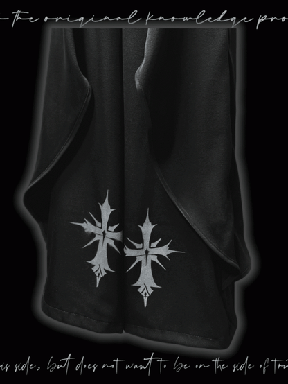 Black Cross Print Asymmetrical Hem Wide-Leg Pants