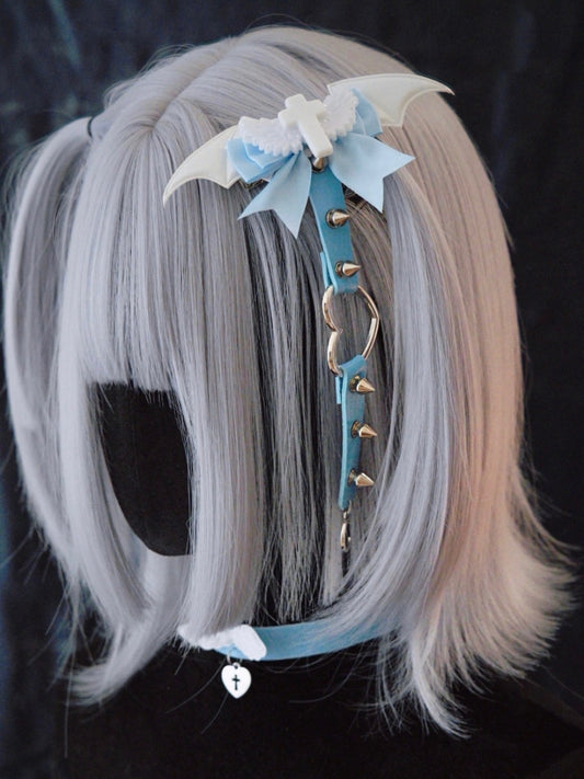 Moon/Heart Charm Blue and White Cross Bowknot Hairclip with Studs