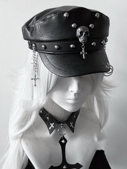 Y2K Black PU Cross Charm Punk Studded Hat