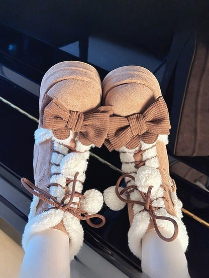 Brown Sweet Lolita Platform Snow Boots - 6cm/8.5cm Sole Options with Heart Patches & Pompom Charm Laces