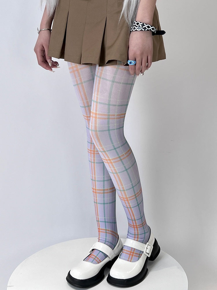 White&Green/Purple Y2K Plaid Tights