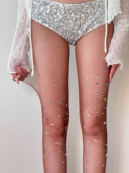 Black/White/Brown/Red Y2K Rhinestone Decorated Fishnet Design Tights