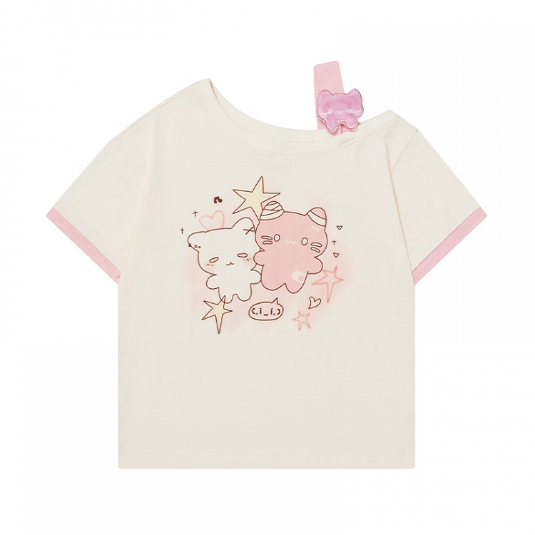 Cartoon Kitty Print Pink/Blue/Black Asymmetrical Neckline T-shirt