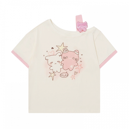 Cartoon Kitty Print Pink/Blue/Black Asymmetrical Neckline T-shirt