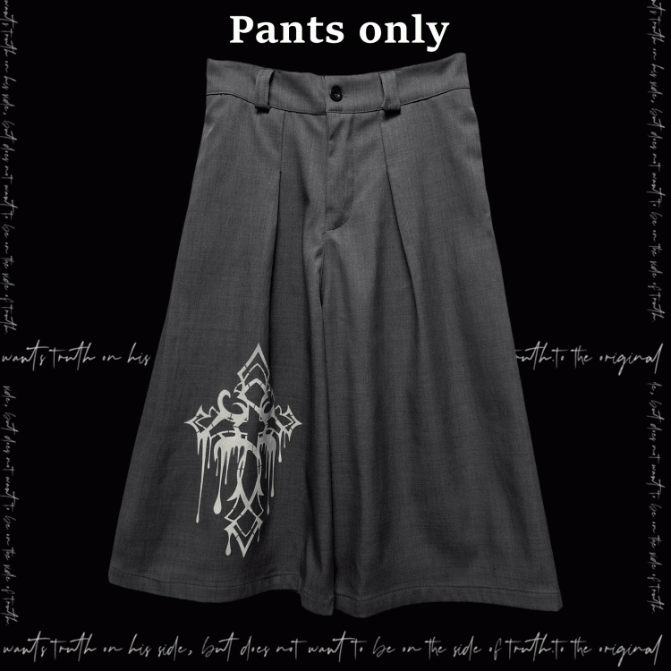 Gray Cross Print Vintage Wide-Leg Pants