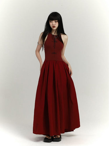 Gothic Wine Red High Waist Cross Print Sleeveless Dress
