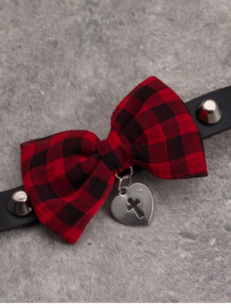 Black And Red Plaid Pattern Bowknot With Heart Pendant Choker