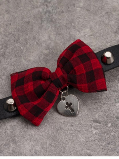 Black And Red Plaid Pattern Bowknot With Heart Pendant Choker