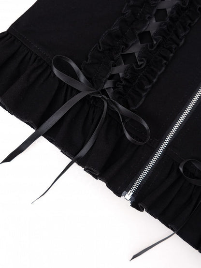 Autumn & Winter Jirai Kei Black Zip-up Hoodie with Ruffle Accents and Criss-cross Ribbon