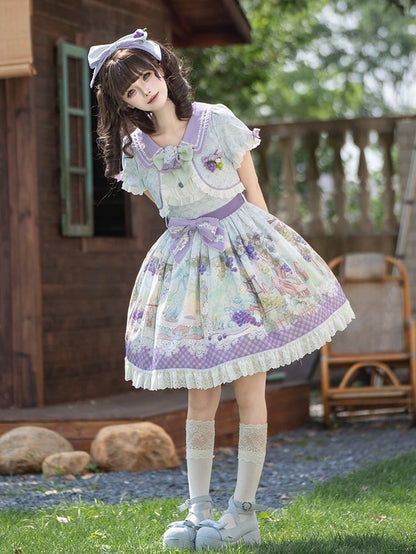 Cute Parrot and Grapes Print Sweet Lolita Short Sleeves Dress Fake Two-pieces Design