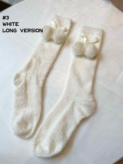 6 Options Red/White Bow Pompons Ankle/Calf Socks