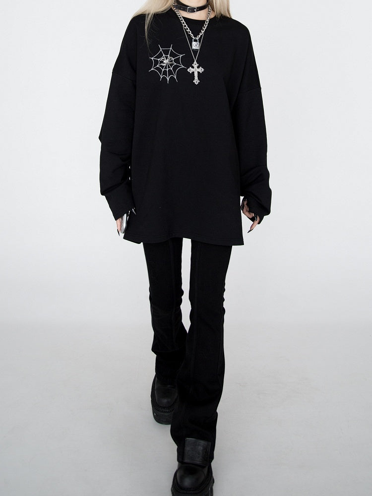 Spiderweb Embroidered Black Sweatshirt with Detachable Metal Spider
