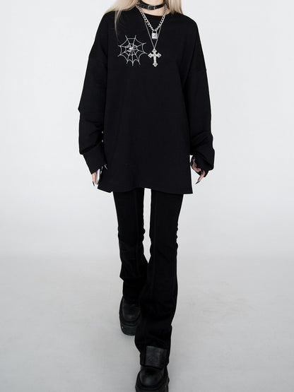 Spiderweb Embroidered Black Sweatshirt with Detachable Metal Spider