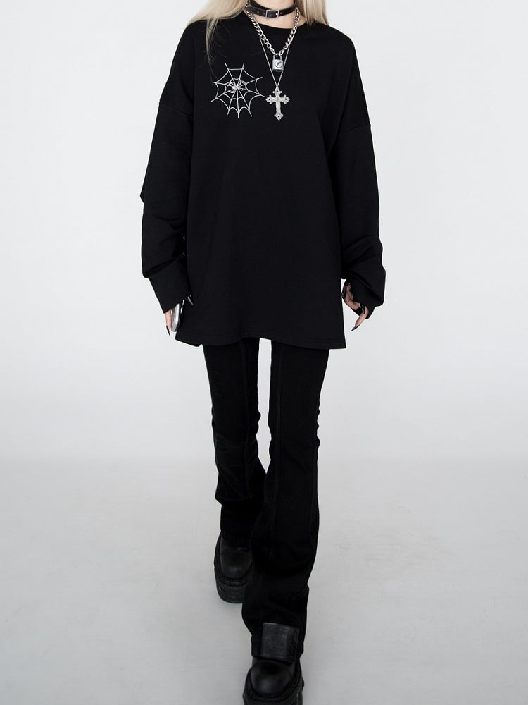 Spiderweb Embroidered Black Sweatshirt with Detachable Metal Spider