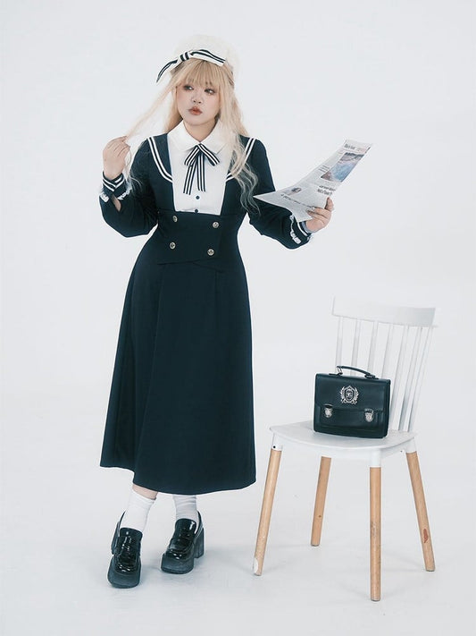 Plus Size JK Uniform Preppy Black Faux Two-Piece Midi Dress with Sailor Collar & Striped Accents