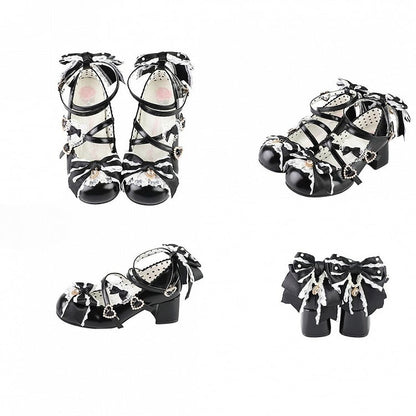 Black Sweet Lolita Bowknot Details Crisscross Design Heart Buckle Straps 2CM/5CM Block Heels Shoes