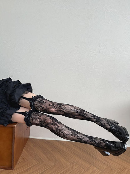 Black Gothic Bowknot Details Floral Hollow-out Suspender Tights