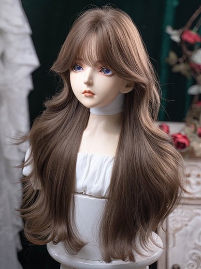 Brown 71CM Length Wavy Wig With Air Bangs