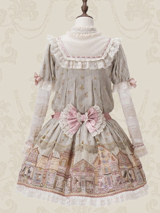 Green Ruffle Neckline Sweet Lolita Dress with Fairytale Town Print and Lace Trim