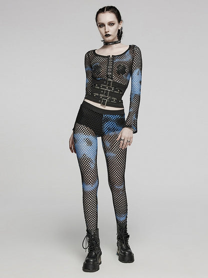 Black and Blue Punk Tie-dyed Mesh Long Sleeve T-shirt